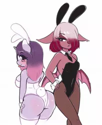 Size: 1668x2048 | Tagged: suggestive, artist:wickedsilly, derpibooru import, oc, oc:kala vera, oc:wicked silly, unofficial characters only, anthro, bat pony, unicorn, ass, breasts, bunny ears, bunny suit, butt, butt to butt, butt touch, clothes, collaboration, delicious flat chest, duo, female, friends, grumpy, image, jpeg, leotard, long legs, looking at you, necktie, simple background, smiling, smirk, socks, tail, tall, thicc ass, thigh highs, tongue out, white background