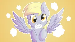 Size: 1920x1080 | Tagged: safe, artist:exobass, derpibooru import, derpy hooves, pegasus, pony, cute, derp, derpabetes, image, letter, mouth hold, png, solo, spread wings, wallpaper, wings