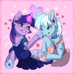 Size: 6600x6600 | Tagged: safe, artist:alechan, derpibooru import, twilight sparkle, oc, oc:crystal tundra, alicorn, pony, unicorn, clothes, collar, couple, crossdressing, dress, ear piercing, earring, female, fluffy, heart, hearts and hooves day, hoof shoes, image, jewelry, magic, magic aura, male, mare, multiple variants, piercing, pink background, png, simple background, stallion, stars