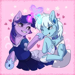 Size: 6600x6600 | Tagged: safe, alternate version, artist:alechan, derpibooru import, twilight sparkle, oc, oc:crystal tundra, alicorn, pony, unicorn, clothes, collar, couple, crossdressing, dress, ear piercing, earring, female, fluffy, heart, hearts and hooves day, hoof shoes, image, jewelry, magic, magic aura, male, mare, multiple variants, piercing, pink background, png, simple background, stallion, stars