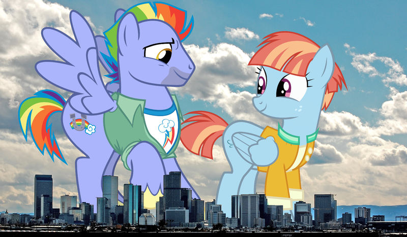 Size: 2048x1195 | Tagged: safe, artist:cheezedoodle96, artist:electrochoc, artist:thegiantponyfan, derpibooru import, bow hothoof, windy whistles, pegasus, pony, colorado, denver, female, giant pegasus, giant pony, giantess, highrise ponies, image, irl, looking at each other, looking at someone, macro, male, mare, mega giant, photo, png, ponies in real life, spread wings, stallion, story included, wings