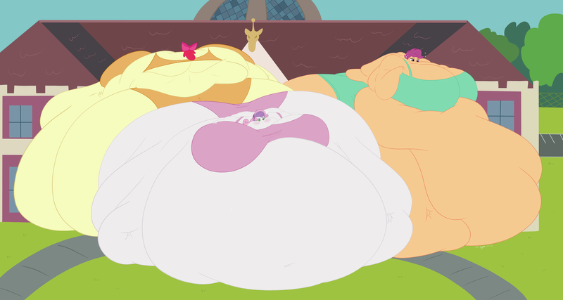 Size: 4050x2160 | Tagged: suggestive, artist:necrofeline, derpibooru import, apple bloom, scootaloo, sweetie belle, series:cutie mark crusaders snack expansion, equestria girls, apple blob, bbw, belly, belly bed, belly button, big belly, big breasts, bingo wings, bottom heavy, bra, breasts, butt, canterlot high, chubby cheeks, clothes, cutie mark crusaders, digital art, fat, fat boobs, fat fetish, female, fetish, huge belly, huge breasts, huge butt, image, immobile, impossibly large belly, impossibly large breasts, impossibly large butt, impossibly large everything, impossibly obese, large butt, morbidly obese, obese, outdoors, panties, png, scootalard, sitting, ssbbw, stretch mark crusaders, sweetie belly, thighs, thunder thighs, too big, too fat, too fat to fit, too fat to get through, trio, trio female, underwear, wardrobe malfunction, weight gain, weight gain sequence