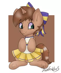 Size: 1473x1753 | Tagged: safe, artist:itwasscatters, derpibooru import, oc, oc:heroic armour, unicorn, bow, cheerleader, cheerleader outfit, clothes, crossdressing, frog (hoof), hair bow, hooves, hooves to the chest, horn, image, looking at you, male, png, signature, simple background, sitting, solo, tail, underhoof, unicorn oc
