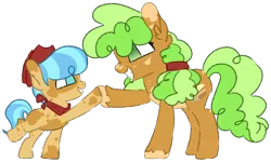 Size: 916x548 | Tagged: safe, artist:maximumpiracy, derpibooru import, apple brown betty, oc, earth pony, pony, apple family member, base used, duo, ear fluff, earth pony oc, grin, hat, hoofbump, image, magical lesbian spawn, neckerchief, offspring, parent:apple brown betty, parent:sunshower, png, simple background, smiling, transparent background