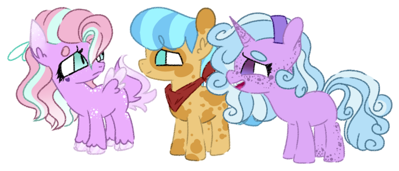 Size: 1280x549 | Tagged: safe, artist:maximumpiracy, derpibooru import, oc, unofficial characters only, earth pony, pegasus, pony, unicorn, base used, colt, earth pony oc, female, filly, foal, horn, image, looking back, magical lesbian spawn, male, neckerchief, offspring, parent:apple brown betty, parent:fluttershy, parent:pinkie pie, parent:starlight glimmer, parent:sunshower, parent:trixie, parents:trixiepie, pegasus oc, png, simple background, transparent background, unicorn oc, wings