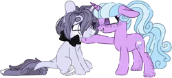 Size: 1280x584 | Tagged: safe, artist:maximumpiracy, derpibooru import, oc, unofficial characters only, pony, unicorn, base used, bow, duo, freckles, hair bow, horn, image, magical lesbian spawn, offspring, parent:pinkie pie, parent:trixie, parents:trixiepie, png, raised hoof, simple background, transparent background, unicorn oc