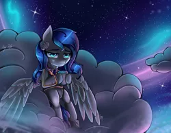 Size: 6700x5200 | Tagged: safe, artist:opal_radiance, derpibooru import, oc, unofficial characters only, pegasus, pony, aurora borealis, clothes, cloud, female, frown, image, mare, mug, necktie, night, on a cloud, outdoors, pegasus oc, png, sitting, solo, stars, suit, tired, wings
