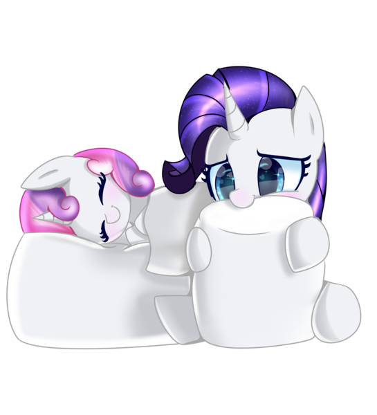 Size: 1920x2112 | Tagged: safe, artist:opal_radiance, derpibooru import, rarity, sweetie belle, pony, unicorn, duo, eyelashes, eyes closed, female, filly, foal, food, hug, image, mare, marshmallow, pillow, pillow hug, png, simple background, sleeping, transparent background