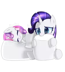 Size: 1920x2112 | Tagged: safe, artist:opal_radiance, derpibooru import, rarity, sweetie belle, pony, unicorn, duo, eyelashes, eyes closed, female, filly, foal, food, hug, image, mare, marshmallow, pillow, pillow hug, png, simple background, sleeping, transparent background