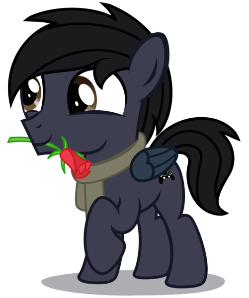 Size: 2670x3200 | Tagged: safe, artist:strategypony, derpibooru import, oc, oc:darkdj, unofficial characters only, pegasus, pony, clothes, colt, flower, flower in mouth, foal, image, male, mouth hold, png, scarf, simple background, transparent background