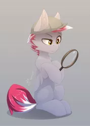 Size: 2140x3000 | Tagged: oc name needed, safe, artist:n_thing, derpibooru import, oc, unofficial characters only, pegasus, pony, blank flank, cheek fluff, ear fluff, eyebrows, folded wings, gray background, gray coat, hat, high res, image, jpeg, magnifying glass, pegasus oc, raised eyebrow, signature, simple background, sitting, solo, wings, yellow eyes