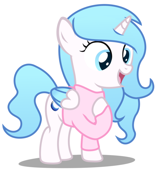 Size: 2630x2860 | Tagged: safe, artist:strategypony, derpibooru import, oc, oc:madelyne ruiz, unofficial characters only, alicorn, pony, clothes, female, filly, foal, gradient mane, image, png, simple background, surprised, sweater, transparent background