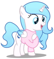 Size: 2630x2860 | Tagged: safe, artist:strategypony, derpibooru import, oc, oc:madelyne ruiz, unofficial characters only, alicorn, pony, clothes, female, filly, foal, gradient mane, image, png, simple background, surprised, sweater, transparent background