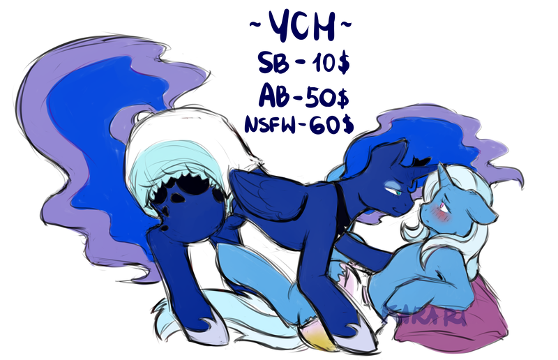 Size: 5314x3425 | Tagged: suggestive, artist:kirari_chan, derpibooru import, princess luna, trixie, alicorn, pony, unicorn, auction, auction open, blushing, commission, couple, diaper, diaper fetish, dominant, domination, duo, duo female, female, femdom, femsub, fetish, floppy ears, flustered, folded wings, full body, full diaper, horn, horns, image, lying down, makeup, mare, non-baby in diaper, on back, pillow, pissing, png, poofy diaper, sexy, simple background, sketch, smiling, smirk, submissive, sultry pose, urine, watersports, wet diaper, white background, wings, ych example, ych sketch, your character here, your character here auction