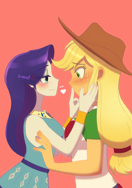 Size: 2894x4093 | Tagged: safe, artist:haibaratomoe, derpibooru import, applejack, rarity, equestria girls, applejack's hat, blushing, cowboy hat, female, freckles, hat, image, lesbian, png, rarijack, shipping