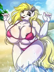 Size: 3000x4000 | Tagged: suggestive, artist:lucilustrations, artist:lupiarts, derpibooru import, oc, oc:ghostie, unofficial characters only, anthro, beach, big breasts, bikini, bikini bottom, bikini top, boob freckles, breasts, chest freckles, chubby, clothes, commission, digital art, female, freckles, happy, image, jpeg, jumping, muffin top, solo, solo female, splash, swimsuit, water, wide hips