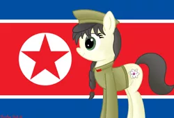 Size: 3920x2672 | Tagged: safe, alternate version, anonymous artist, derpibooru import, oc, oc:mokran, ponified, unofficial characters only, pony, braid, clothes, female, flag, image, military uniform, nation ponies, north korea, png, solo, uniform