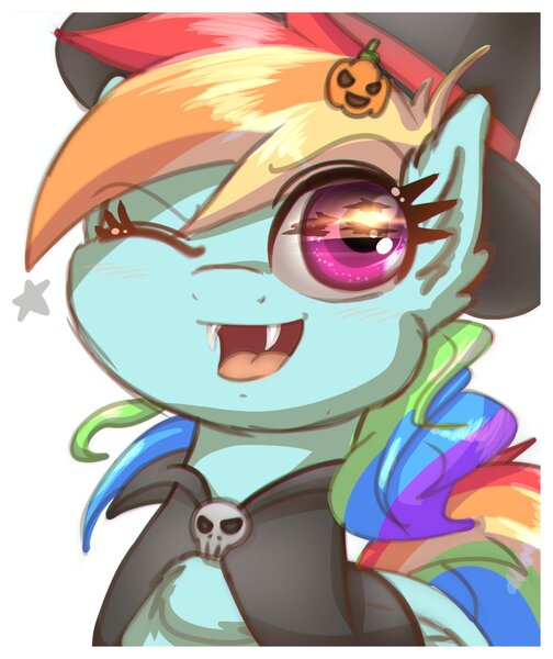 Size: 1677x1998 | Tagged: safe, artist:phoenixrk49, derpibooru import, rainbow dash, pegasus, pony, bust, clothes, eye reflection, fangs, female, hat, image, jpeg, looking at you, mare, one eye closed, open mouth, open smile, reflection, simple background, skull, smiling, smiling at you, solo, stars, white background, wink, winking at you