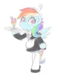 Size: 1496x1920 | Tagged: safe, artist:phoenixrk49, derpibooru import, rainbow dash, pegasus, pony, semi-anthro, bipedal, blushing, clothes, drink, drinking straw, female, french maid, image, jpeg, looking at you, maid, maid headdress, mare, plate, simple background, socks, solo, stockings, thigh highs, white background