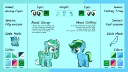 Size: 1920x1081 | Tagged: safe, artist:alexdti, derpibooru import, oc, oc:chilling story, oc:glossy paper, unofficial characters only, pony, colt, female, filly, foal, glasses, image, male, png, reference sheet