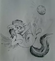 Size: 2890x3222 | Tagged: safe, artist:nightydream, derpibooru import, rainbow dash, pony, ball, image, jpeg, monochrome, solo, traditional art