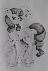 Size: 2527x3740 | Tagged: safe, artist:nightydream, derpibooru import, rarity, pony, image, jpeg, magic, monochrome, solo, traditional art