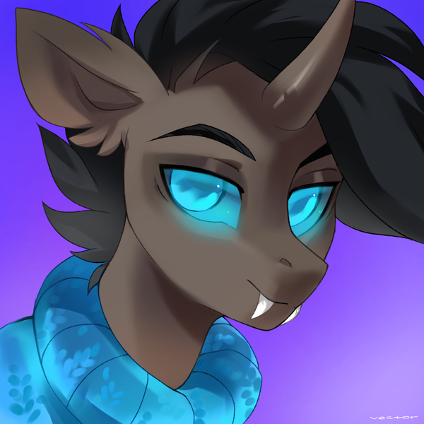 Size: 1700x1700 | Tagged: safe, alternate version, artist:zlatavector, derpibooru import, oc, oc:rosie clockwork, unofficial characters only, changeling, pony, changeling oc, clothes, commission, fangs, icon, image, looking at you, male, png, smiling, smiling at you, solo, stallion, sweater