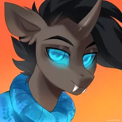 Size: 1700x1700 | Tagged: safe, alternate version, artist:zlatavector, derpibooru import, oc, oc:rosie clockwork, unofficial characters only, changeling, pony, changeling oc, clothes, commission, fangs, icon, image, looking at you, male, png, smiling, smiling at you, solo, stallion, sweater