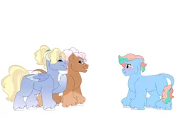 Size: 1280x854 | Tagged: safe, artist:itstechtock, derpibooru import, oc, oc:daffodil, oc:hocus pocus summer solstice, oc:raspberry caramel macchiato, unofficial characters only, earth pony, pegasus, pony, unicorn, colt, female, filly, foal, image, jpeg, magical lesbian spawn, male, offspring, parent:minty mocha, parent:raspberry latte, parent:sunset shimmer, parent:trixie, parents:suntrix, simple background, white background