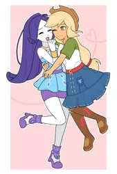 Size: 2305x3400 | Tagged: safe, artist:4phr0sd3l0s, derpibooru import, applejack, rarity, equestria girls, blushing, eyes closed, female, freckles, heart, hug, image, jpeg, lesbian, one eye closed, open mouth, pink background, rarijack, shipping, simple background, smiling