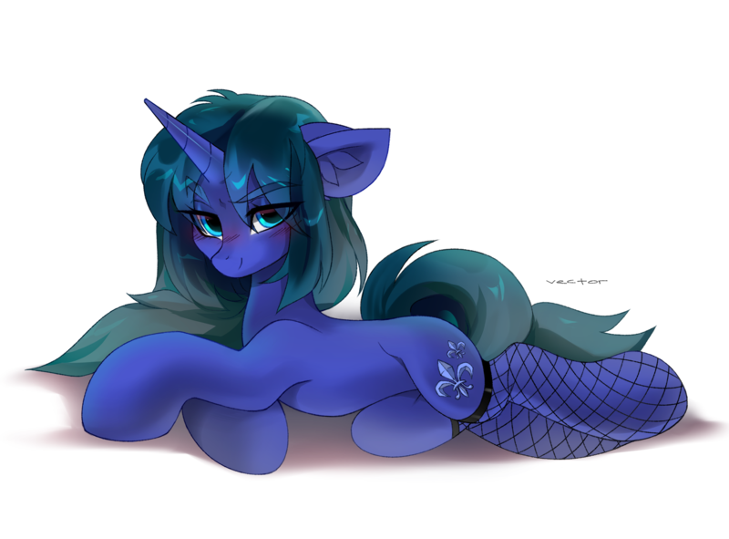 Size: 2300x1700 | Tagged: safe, artist:zlatavector, derpibooru import, oc, oc:arclight, unofficial characters only, pony, unicorn, blushing, clothes, commission, female, fishnets, image, lies, looking at you, mare, png, socks, solo, stockings, thigh highs