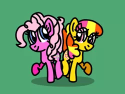 Size: 1024x768 | Tagged: safe, artist:danielthebrony57, derpibooru import, gem blossom, pinkie pie (g3), earth pony, pony, adorablossom, bump, bump bump sugar lump rump, butt, butt to butt, butt touch, cute, duo, female, g3, g3 diapinkes, g4, generation leap, green background, image, janyse jaud, mare, png, raised hoof, raised leg, raised tail, shadow, simple background, smiling, tail