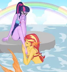 Size: 1797x1920 | Tagged: safe, artist:grapefruit-face, derpibooru import, sunset shimmer, twilight sparkle, mermaid, equestria girls, base used, blushing, clothes, eyes closed, feet, fetish, fish tail, foot fetish, hand over mouth, image, kissing, mermaid tail, png, rainbow, shipping, sitting, swimsuit, tail, water