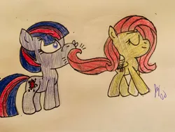 Size: 2048x1536 | Tagged: safe, artist:jesslmcjessica, derpibooru import, fluttershy, twilight sparkle, pegasus, pony, unicorn, eyes closed, image, jpeg, smiling, surprised, tail, tail whip, traditional art