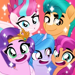 Size: 4000x4000 | Tagged: safe, artist:orin331, derpibooru import, hitch trailblazer, izzy moonbow, pipp petals, sunny starscout, zipp storm, earth pony, pegasus, pony, unicorn, my little pony: a new generation, absurd resolution, g5, grin, group, group photo, image, looking at each other, looking at someone, looking at you, mane five (g5), open mouth, png, quintet, selfie, simple background, smiling, smirk, sparkles