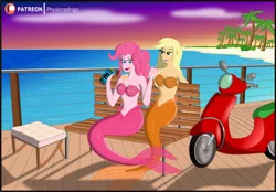 Size: 1920x1339 | Tagged: safe, artist:physicrodrigo, derpibooru import, applejack, pinkie pie, mermaid, series:equestria mermaids, equestria girls, image, mermaidized, ocean, png, species swap, story included, sunset, water