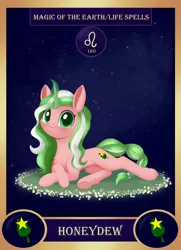 Size: 1300x1800 | Tagged: safe, artist:dusthiel, derpibooru import, part of a set, oc, oc:honeydew, pony, unicorn, card, female, image, leo, lying down, mare, png, prone, solo