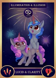 Size: 1300x1800 | Tagged: safe, artist:dusthiel, derpibooru import, part of a set, oc, oc:clarity, oc:lucid, unofficial characters only, pony, cancer (horoscope), card, female, fireworks, image, mare, png
