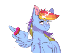 Size: 2800x2000 | Tagged: safe, artist:valkiria, derpibooru import, rainbow dash, pegasus, pony, animated, blushing, chest fluff, cute, derpibooru exclusive, donut, female, food, frame by frame, gif, image, mare, simple background, solo, solo female, wings
