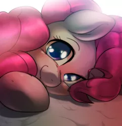 Size: 1971x2048 | Tagged: safe, artist:kurogewapony, derpibooru import, pinkie pie, earth pony, pony, bed, blushing, cute, diapinkes, female, image, jpeg, looking at you, lying, lying down, mare, side, smiling, smiling at you, solo, tongue out