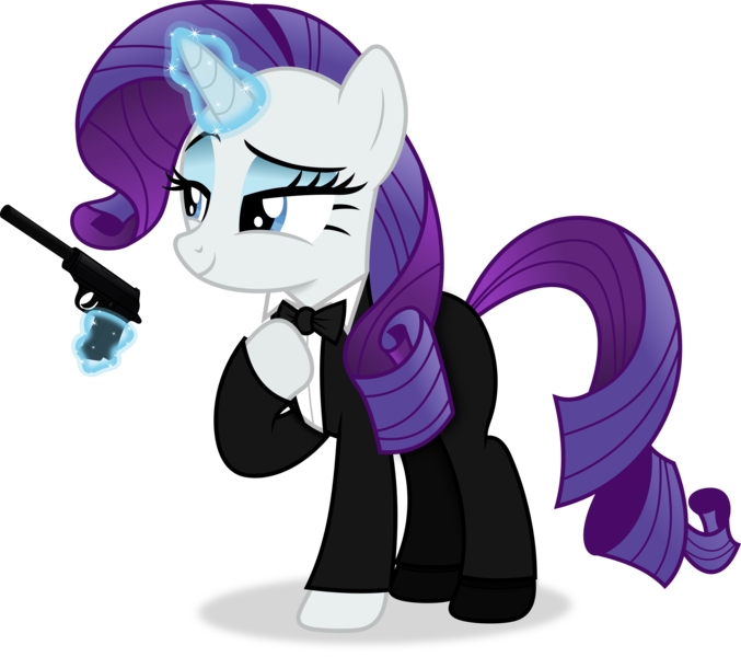 Size: 5224x4628 | Tagged: safe, artist:anime-equestria, derpibooru import, rarity, unicorn, bowtie, clothes, eyeshadow, gun, handgun, horn, image, levitation, magic, makeup, pistol, png, simple background, smiling, suit, telekinesis, transparent background, tuxedo, vector, walther ppk, weapon