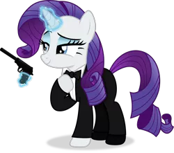 Size: 5224x4628 | Tagged: safe, artist:anime-equestria, derpibooru import, rarity, unicorn, bowtie, clothes, eyeshadow, gun, handgun, horn, image, levitation, magic, makeup, pistol, png, simple background, smiling, suit, telekinesis, transparent background, tuxedo, vector, walther ppk, weapon