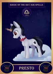 Size: 1300x1800 | Tagged: safe, artist:dusthiel, derpibooru import, part of a set, oc, oc:presto, pony, unicorn, bowtie, card, cloud, image, libra, magic, male, png, solo, stallion