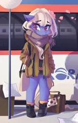 Size: 1305x2048 | Tagged: safe, artist:saxopi, derpibooru import, earth pony, semi-anthro, bag, brown eyes, clothes, eyebrows, eyebrows visible through hair, eyelashes, flag, flower, flower in hair, flower petals, hoof shoes, image, jacket, jpeg, korea, no pupils, pants, paper, scarf, solo, standing, street sign, tail, train, white hair, white mane, white tail