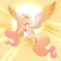 Size: 3600x3600 | Tagged: safe, artist:sinstormfiend, derpibooru import, princess celestia, alicorn, pony, alternate universe, backlighting, ethereal fetlocks, ethereal mane, ethereal tail, eyes closed, female, helmet, image, mare, png, redesign, smiling, solo, spread wings, sun, tail, wings