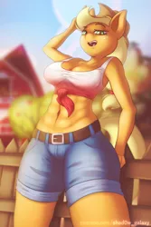 Size: 800x1200 | Tagged: safe, artist:shad0w-galaxy, derpibooru import, applejack, anthro, earth pony, abs, applejack's hat, belly button, belt, breasts, butt, clothes, cowboy hat, farm, female, fence, freckles, front knot midriff, hat, image, jeans, looking at you, midriff, muscles, muscular female, open mouth, pants, png, sexy, shirt, shorts, smiling, solo, t-shirt, thighs, thunder thighs