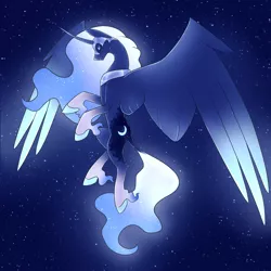 Size: 3600x3600 | Tagged: safe, artist:sinstormfiend, derpibooru import, princess luna, alicorn, pony, alternate universe, ethereal fetlocks, ethereal mane, ethereal tail, eyes closed, female, flying, helmet, image, mare, night, png, redesign, sky, solo, stars, tail