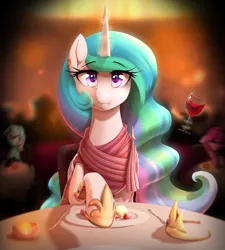 Size: 2700x3000 | Tagged: safe, artist:thebatfang, derpibooru import, berry punch, berryshine, lyra heartstrings, princess celestia, alicorn, earth pony, pony, unicorn, alcohol, cake, clothes, crown, cute, cutelestia, date, dinner, dress, female, food, glass, high res, image, jewelry, levitation, looking at you, magic, mare, offscreen character, png, pov, red wine, regalia, smiling, smiling at you, solo, solo focus, telekinesis, wine, wine glass