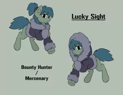 Size: 3993x3087 | Tagged: safe, artist:sneetymist, derpibooru import, oc, oc:lucky sight, unofficial characters only, earth pony, pony, blank flank, bottomless, bounty hunter, clothes, female, fluffy, fur coat, fur collar, image, jacket, leg fluff, mare, mercenary, parka, partial nudity, png, ponytail, simple background, unamused, winter outfit