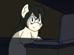 Size: 770x568 | Tagged: safe, artist:str8aura-draws-horses-and-stuff, derpibooru import, oc, oc:floor bored, twilight sparkle's secret shipfic folder, caught, computer, dark room, image, laptop computer, lit up, messy mane, png, shocked, shocked expression